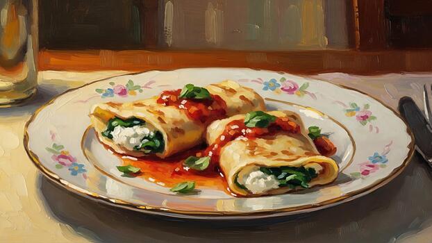 Artistic rendition of crepes filled with spinach and cheese served with tomato sauce photo