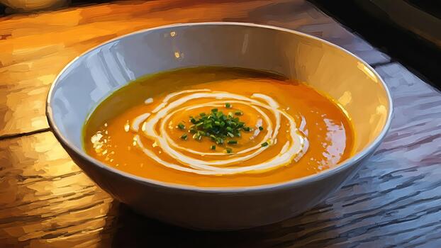 Artistic rendition of creamy squash soup elegantly presented with vibrant toppings photo