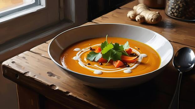 artístico interpretación de un vibrante calabaza sopa servido por el ventana ligero capturar calor y comodidad foto