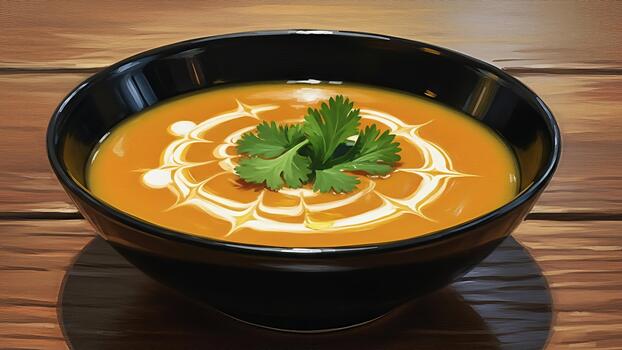 artístico representación de calabaza sopa con cremoso adornar y cilantro en negro cuenco foto