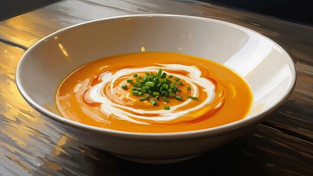 Artistic rendering of gourmet pumpkin soup adorned with cream and chives on table photo