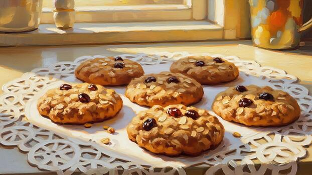 Artistic rendering of morning cookies on a doily by the window light scene photo
