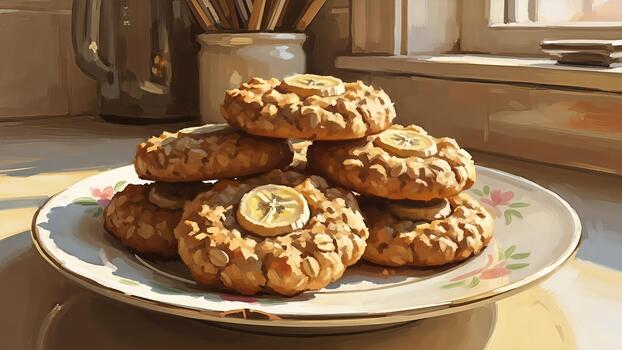 Artistic rendering of a stack of delicious banana oat cookies on a decorative plate photo