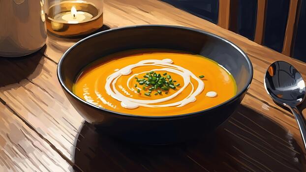 Artistic rendering of butternut squash soup with cream and chives on table photo