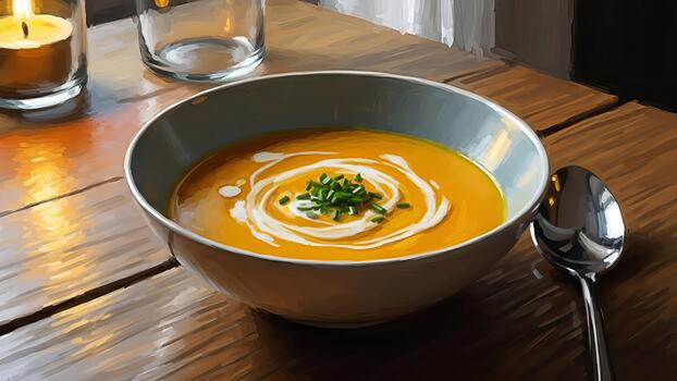 Artistic rendering of a savory pumpkin soup with cream and chives served elegantly photo