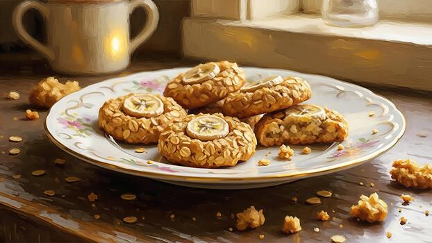 Artistic rendering of banana oatmeal cookies served with a mug in soft light ambiance photo