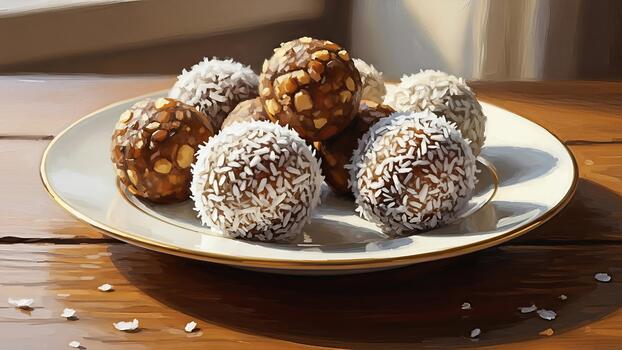 Artistic rendering of a plate of delightful energy balls with coconut and nuts on rustic wood photo
