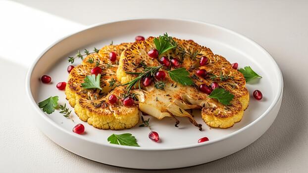 artístico presentación de asado coliflor filetes con granada semillas y hierbas foto
