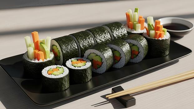 artístico presentación de vegetariano Sushi rollos con vistoso vegetal palos y soja salsa foto