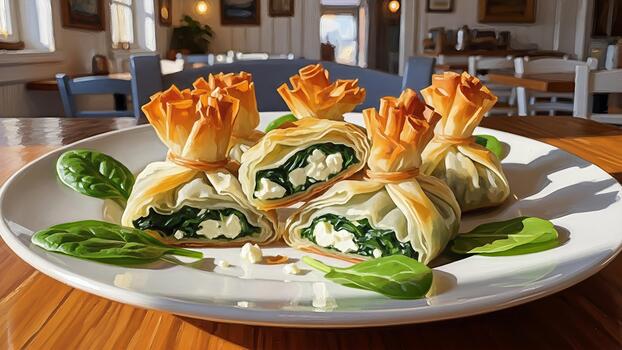 Artistic presentation of spinach and feta parcels, a culinary delight on display with vibrant colors photo