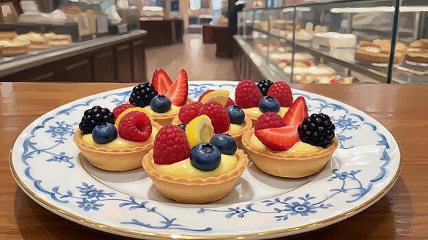 Artistic presentation of miniature fruit tarts at an elegant bakery setting showcasing detail and photo