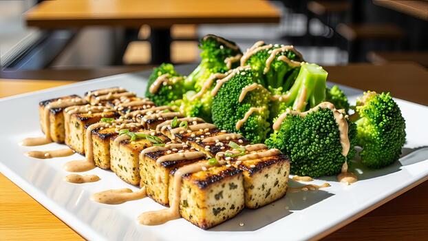 artístico presentación de A la parrilla tofu cubitos y blanqueado brócoli con un cremoso salsa llovizna foto