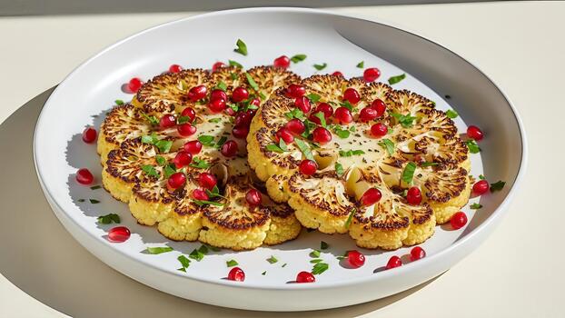 Artistic presentation of grilled cauliflower steaks with fresh pomegranate seeds and parsley photo