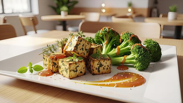 Artistic presentation of grilled tofu cubes and fresh broccoli with sesame dressing photo