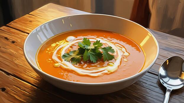 artístico presentación de un vibrante cremoso naranja sopa con hierbas y un de madera mesa antecedentes foto