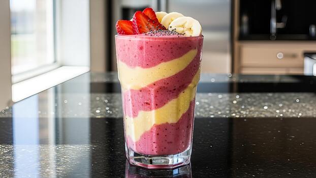 artístico en capas zalamero con Fresco fresas y plátano Adición en pulido encimera foto