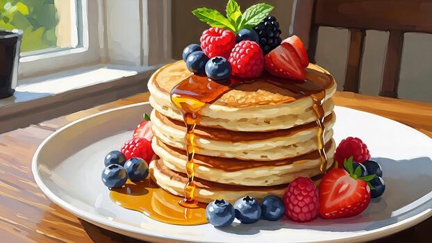 Artistic pancake stack with fresh berries and maple syrup in the morning light photo
