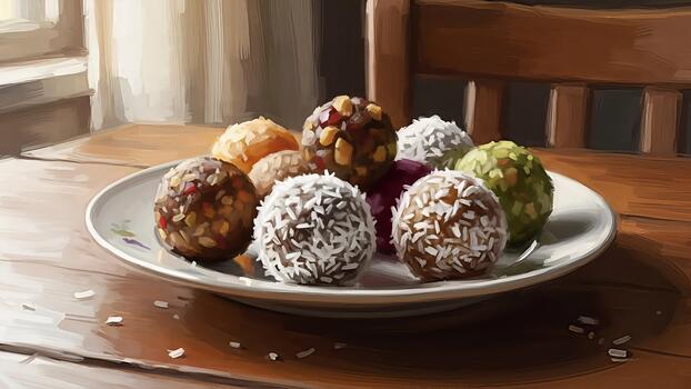 Artistic Impression of Delicious Energy Balls Variety Displayed on Rustic Table photo