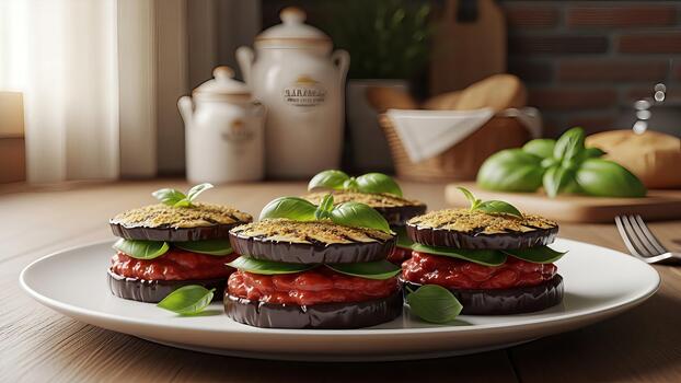 artístico comida presentación de berenjena pilas con tomate salsa y albahaca hojas foto