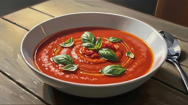 Artistic depiction of tomato soup with basil leaves resting on a textured surface near a spoon photo
