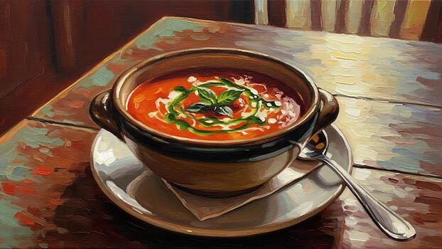 artístico representación de vibrante tomate sopa servido en rústico cuenco en texturizado mesa foto