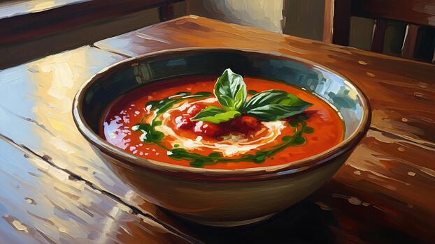 Artistic depiction of tomato soup served in rustic bowl on wooden table top photo