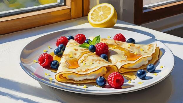 Artistic depiction of crepes adorned with fresh raspberries and blueberries on a plate near a window photo