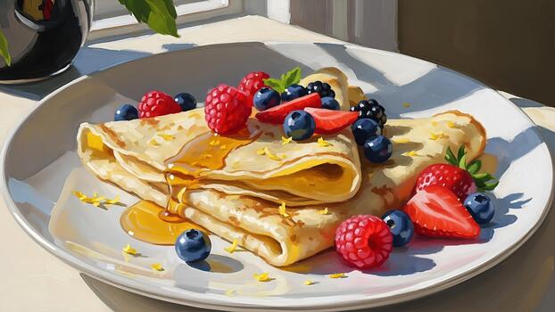 Artistic depiction of crepes, garnished with a honey drizzle and fresh summer berries under photo