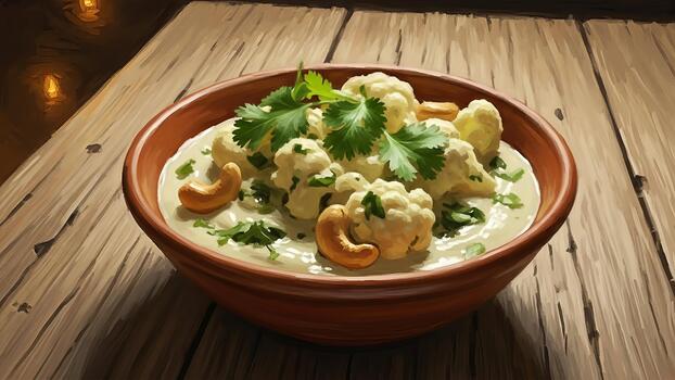 Artistic depiction of creamy cauliflower curry served in a rustic earthenware bowl photo