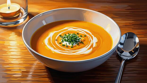 Artistic depiction of creamy butternut squash soup with elegant garnish and soft lighting photo