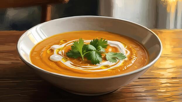 Artistic depiction of carrot soup topped with cream and cilantro on wooden surface photo