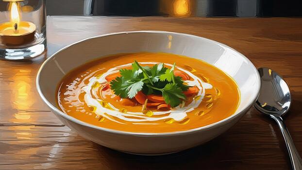 Artistic depiction of comforting butternut squash soup with creamy swirl and fresh herbs near photo
