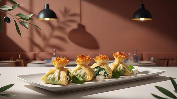 Artistic culinary presentation of spinach and feta phyllo pouches in warm ambiance photo