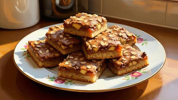 Artistic depiction of a stack of caramel apple blondies with flaked almonds on a decorative plate photo