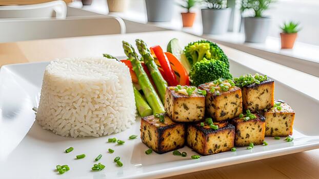 Artistic culinary presentation of pan-fried tofu with rice and fresh vegetables photo