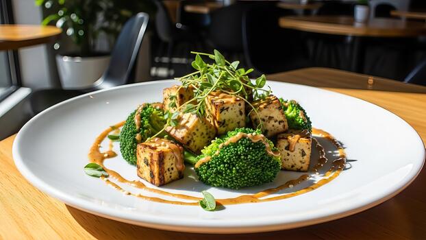 artístico composición de A la parrilla tofu cubitos y Fresco brócoli floretes en un plato monitor foto