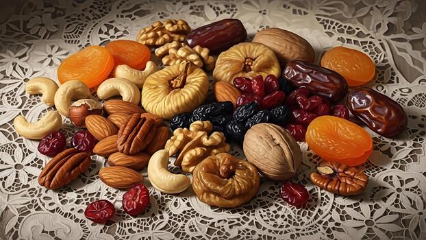 artístico arreglo de clasificado seco frutas y nueces en decorativo Manteles foto