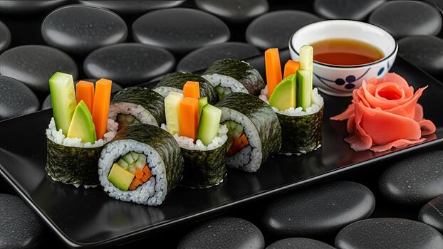 Artistic and colorful presentation of vegetarian sushi with natural stone background photo