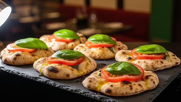 artesanal tomate y albahaca focaccia aperitivos esmeradamente presentado en pizarra plato foto