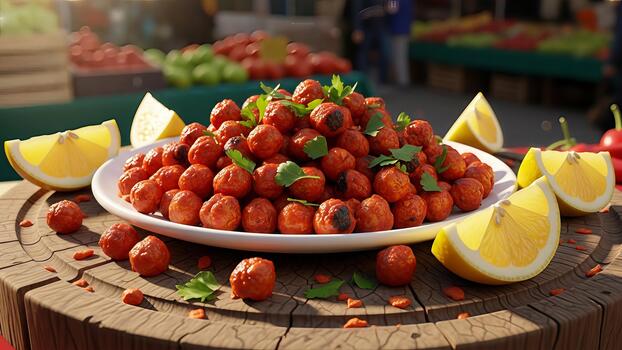 Artisanal tomato balls creation with lemon slices on a rustic wooden platform, a vibrant market photo