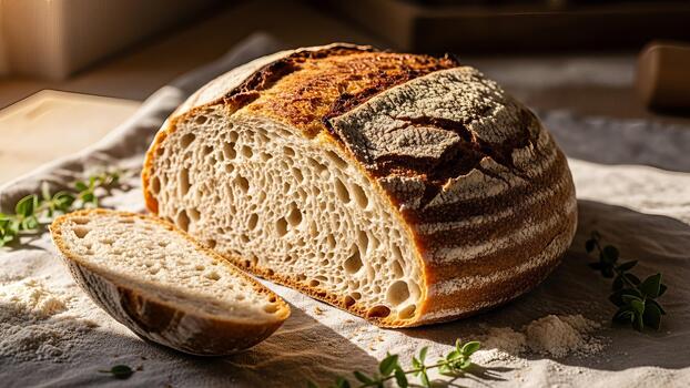 Artisanal sourdough bread loaf with slice, showcasing a rustic crust and airy interior, bathed in photo