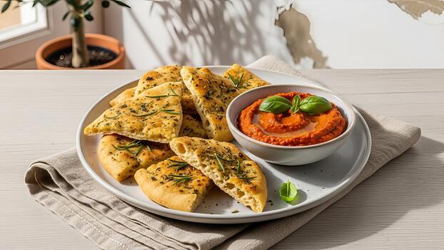artesanal focaccia un pan rebanadas servido con un vibrante tomate inmersión salsa monitor foto