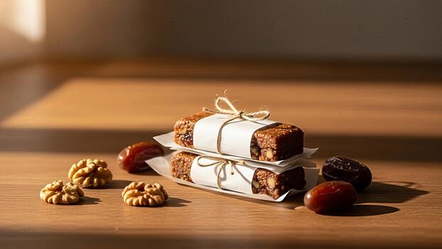 Artisanal date and nut energy bars elegantly presented on wooden surface illuminated by warm photo