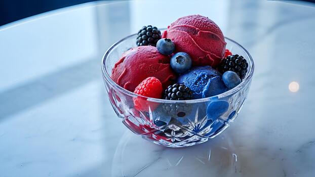 artesano hielo crema helado con frutas y nueces con Fresco bosque bayas servido en cristal cuenco en mármol superficie foto