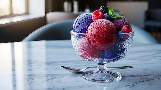 artesano hielo crema helado con frutas y nueces con mezclado baya coberturas servido en un cristal cuenco foto