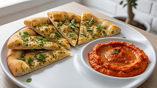 Artisan Focaccia Slices with Homemade Romesco Dip, Presented on Modern Tableware, with soft photo