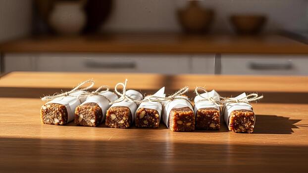 Artisan energy bars wrapped in minimalist paper with rustic twine on wooden surface photo