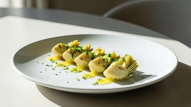 Artichoke hearts served on a white plate with a delicate drizzle of fragrant herb oil creating an photo