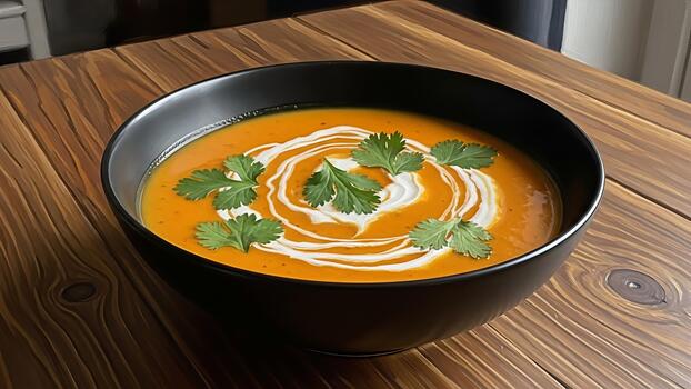 ingenioso presentación de cremoso calabaza sopa en un oscuro cuenco en rústico de madera superficie foto