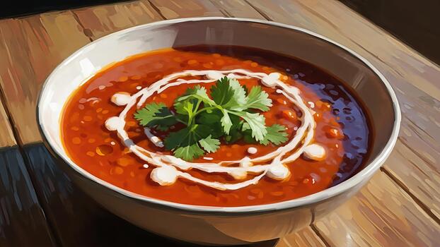 Aromatic tomato soup with creamy swirl and fresh cilantro on a rustic table photo